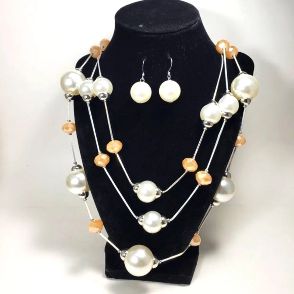 Multi Strand  Silver, Ivory & Cream color Beaded Necklace & Earrings  Jewelry